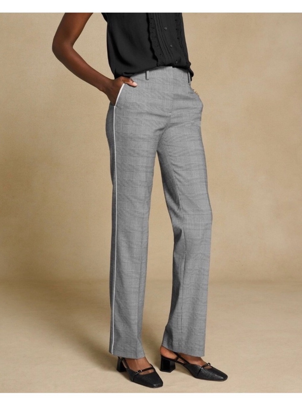 Talbots Tailored Light Gray Plaid Straight-Leg Trousers Pinstripe